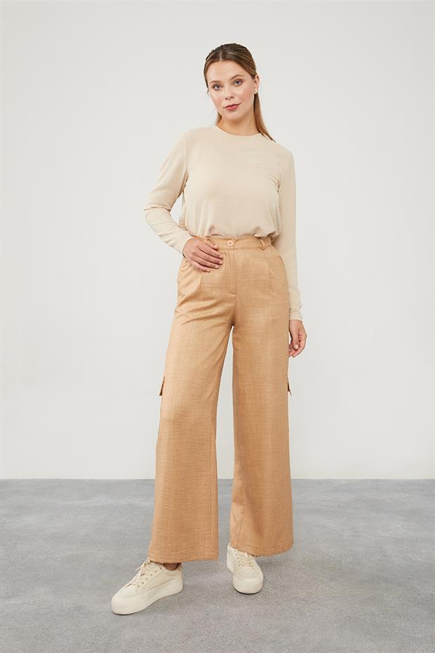 Camel Keten Kargo Pantolon