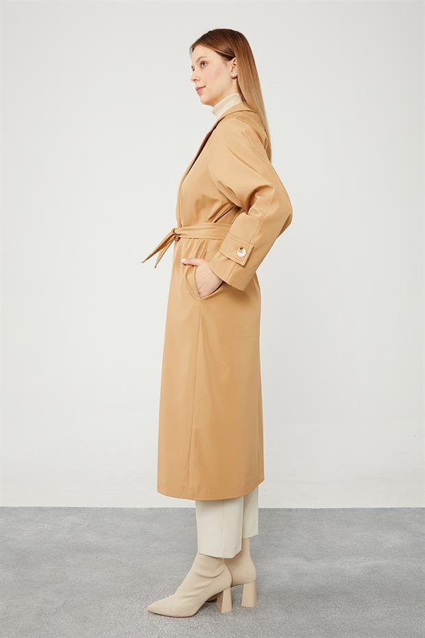 Camel Midi Boy Kuşaklı Trençkot