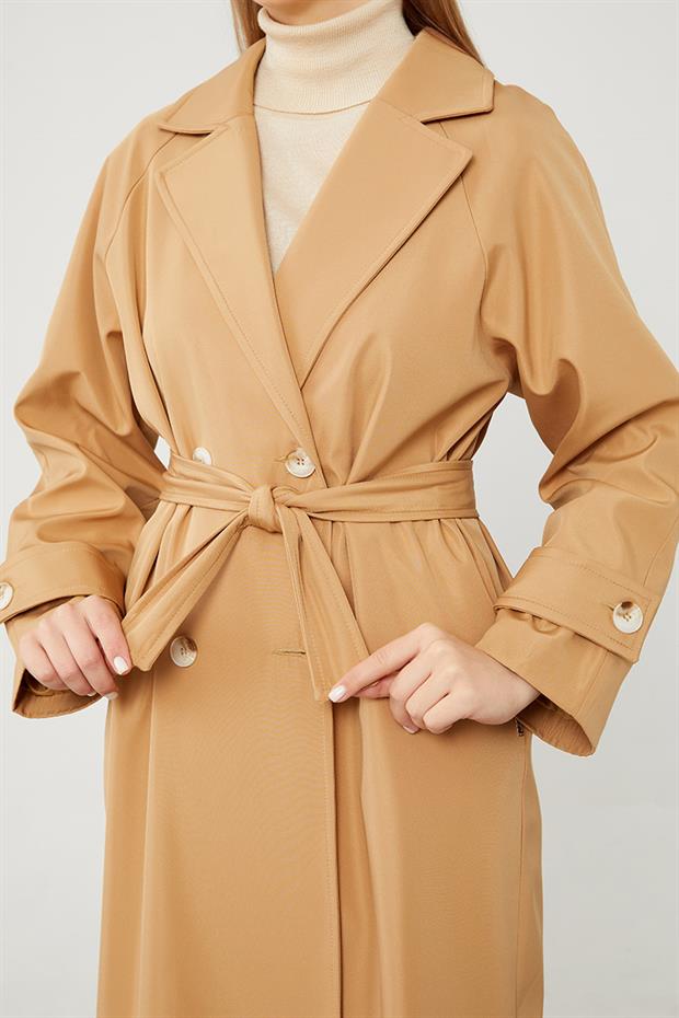 Camel Midi Boy Kuşaklı Trençkot