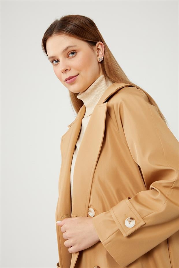 Camel Midi Boy Kuşaklı Trençkot