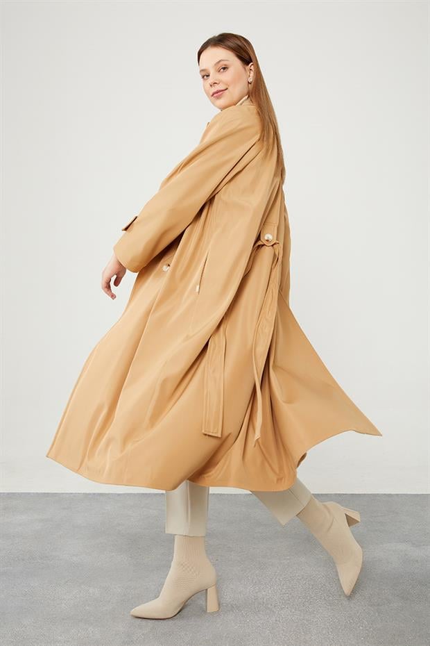 Camel Midi Boy Kuşaklı Trençkot