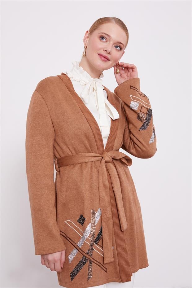 Camel Payet İşlemeli Kaşmir Hırka