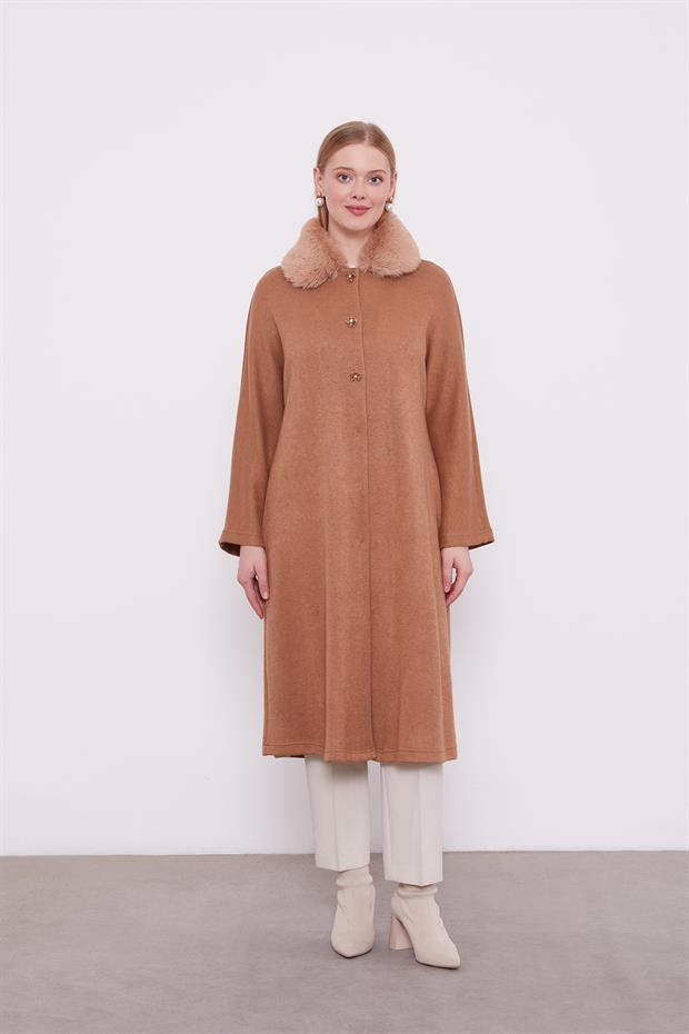 Camel Yakası Kürklü Kaşmir Hırka