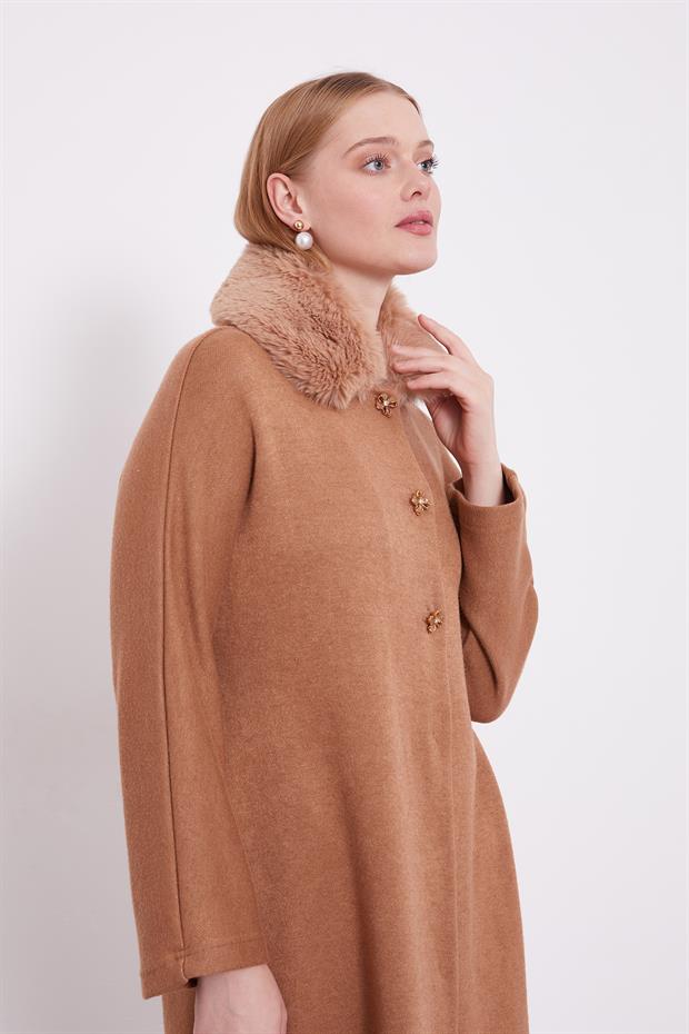 Camel Yakası Kürklü Kaşmir Hırka