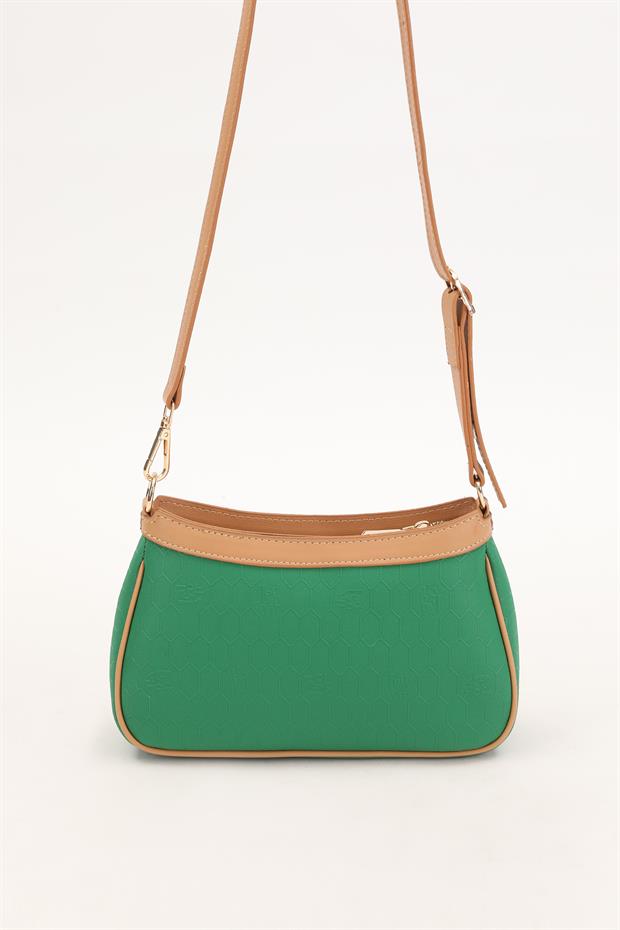 Çimen Yeşili - Camel Fermuarlı Petek Desen Omuz Çantası