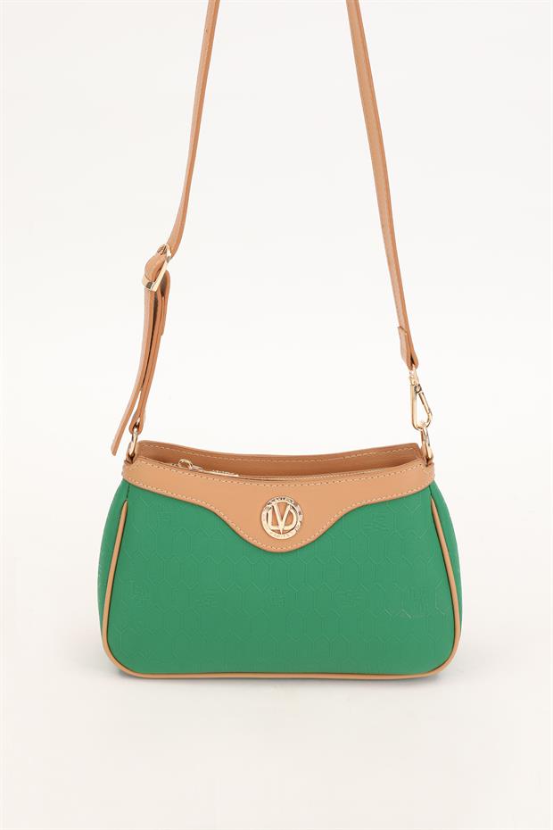 Çimen Yeşili - Camel Fermuarlı Petek Desen Omuz Çantası