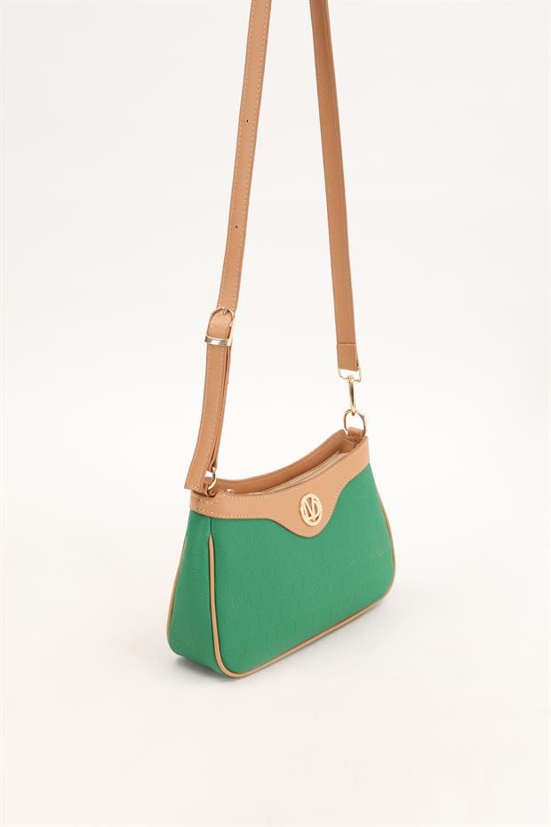 Çimen Yeşili - Camel Fermuarlı Petek Desen Omuz Çantası