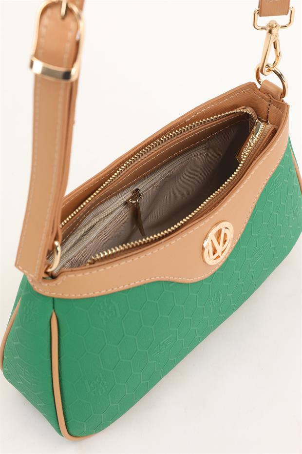 Çimen Yeşili - Camel Fermuarlı Petek Desen Omuz Çantası