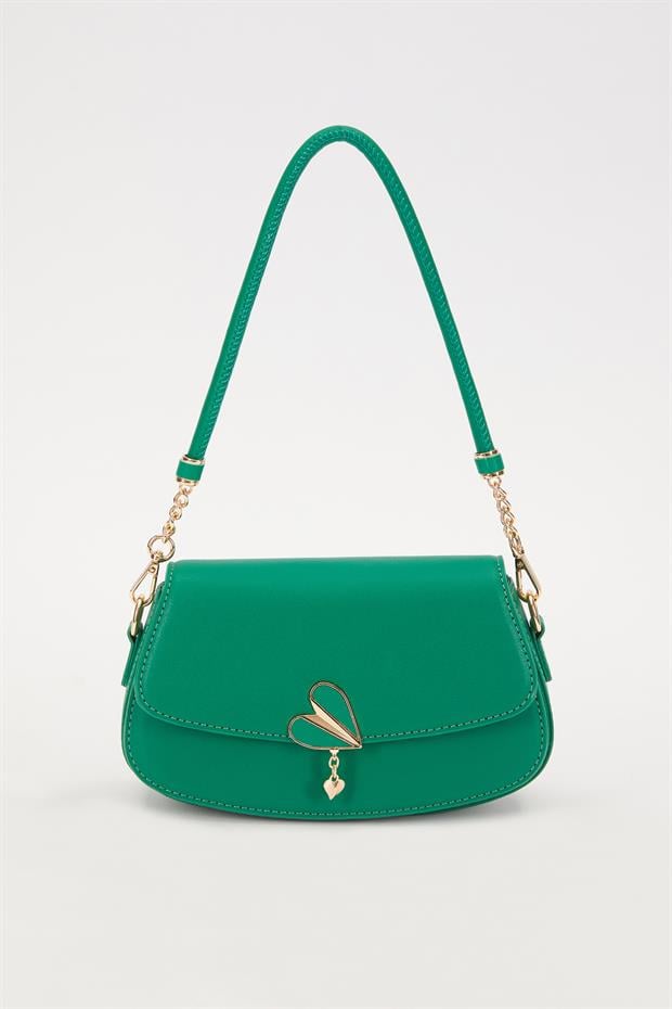 Çimen Yeşili Kalp Aksesuarlı Omuz Çantası