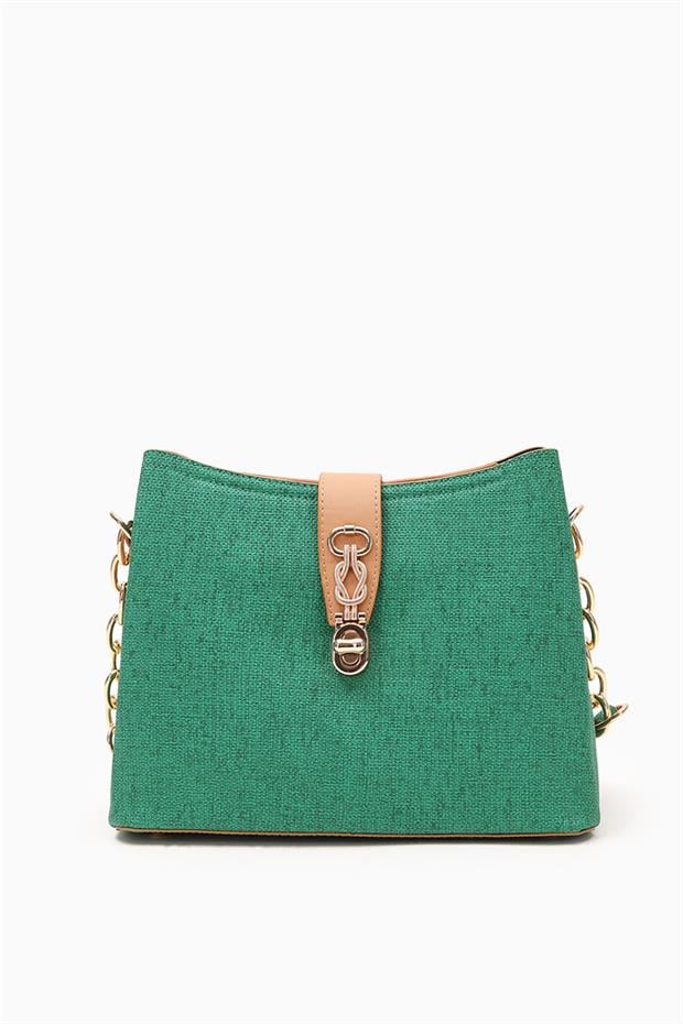 Çimen Yeşili Kumaş Dokulu Zincir Detay El Çantası
