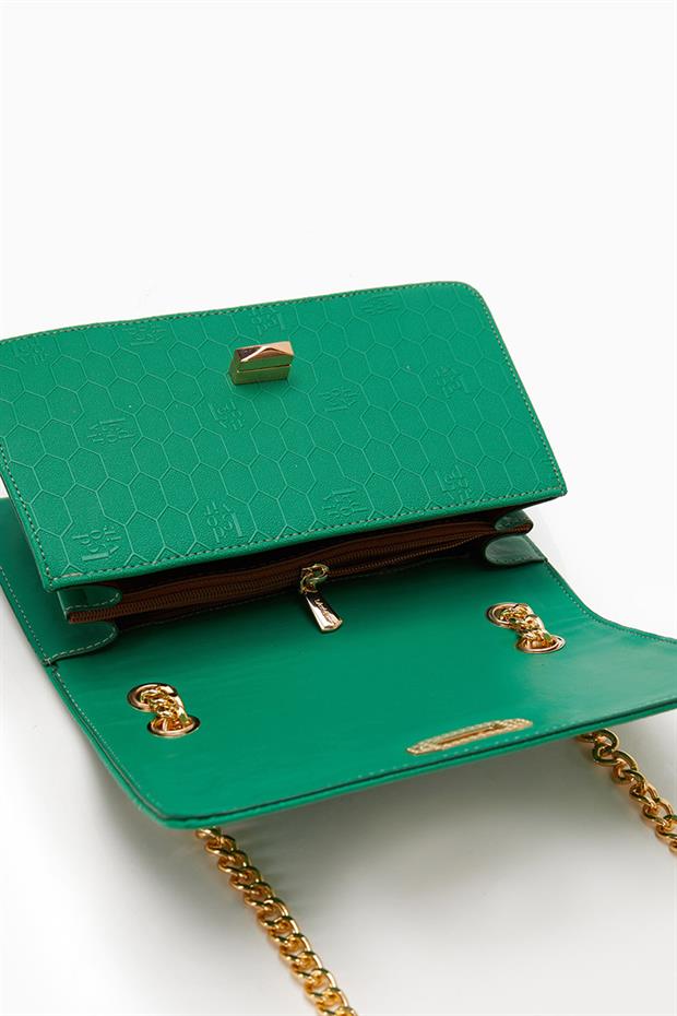 Çimen Yeşili Petek Desen Zincirli Omuz Çantası