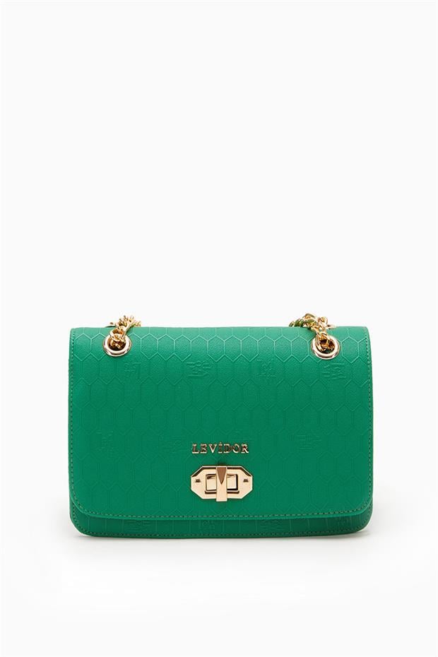 Çimen Yeşili Petek Desen Zincirli Omuz Çantası