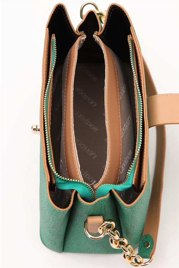 Çimen Yeşili Kumaş Dokulu Zincir Detay El Çantası