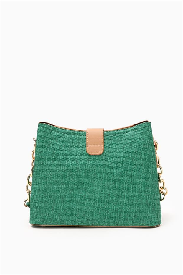 Çimen Yeşili Kumaş Dokulu Zincir Detay El Çantası