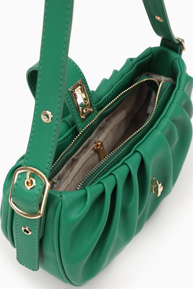 Çimen Yeşili Pile Büzgülü Omuz Çantası