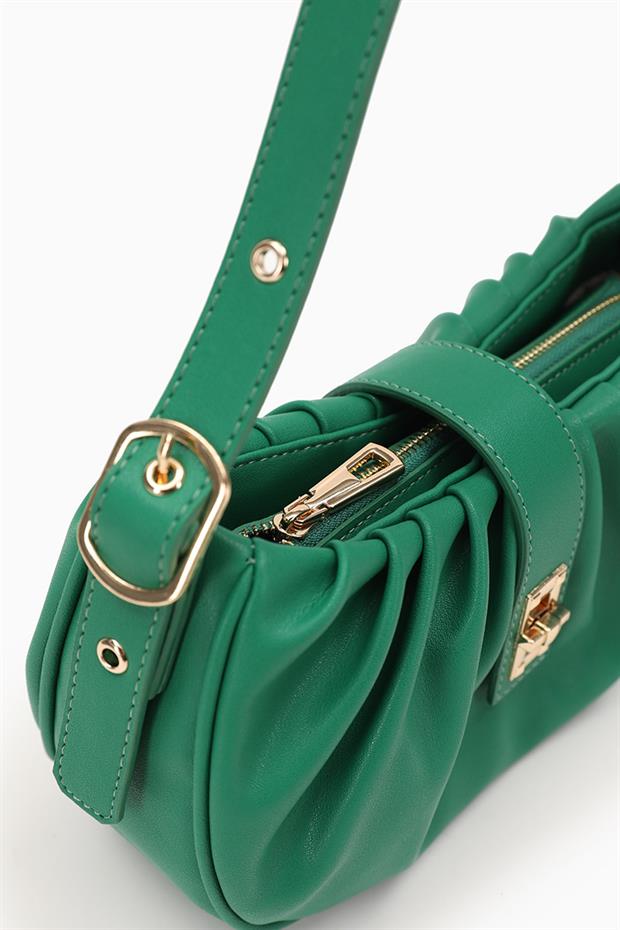 Çimen Yeşili Pile Büzgülü Omuz Çantası