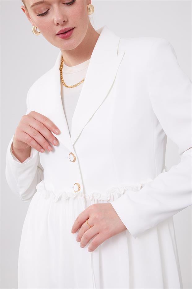 Ekru Beli Büzgülü Şifon Ceket Takım