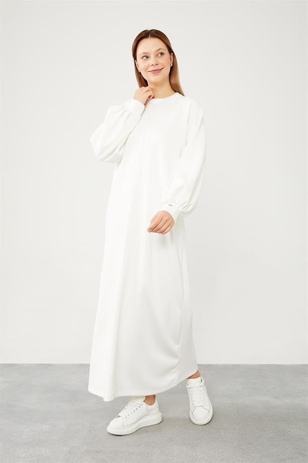 Ekru Bisiklet Yaka Şerit Detaylı Spor Elbise