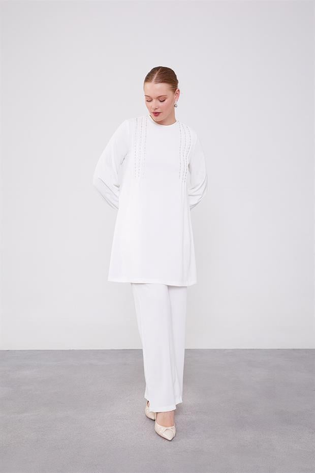 Ekru Boncuk İşlemeli Tunik Takım