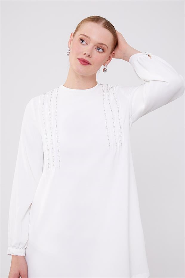 Ekru Boncuk İşlemeli Tunik Takım