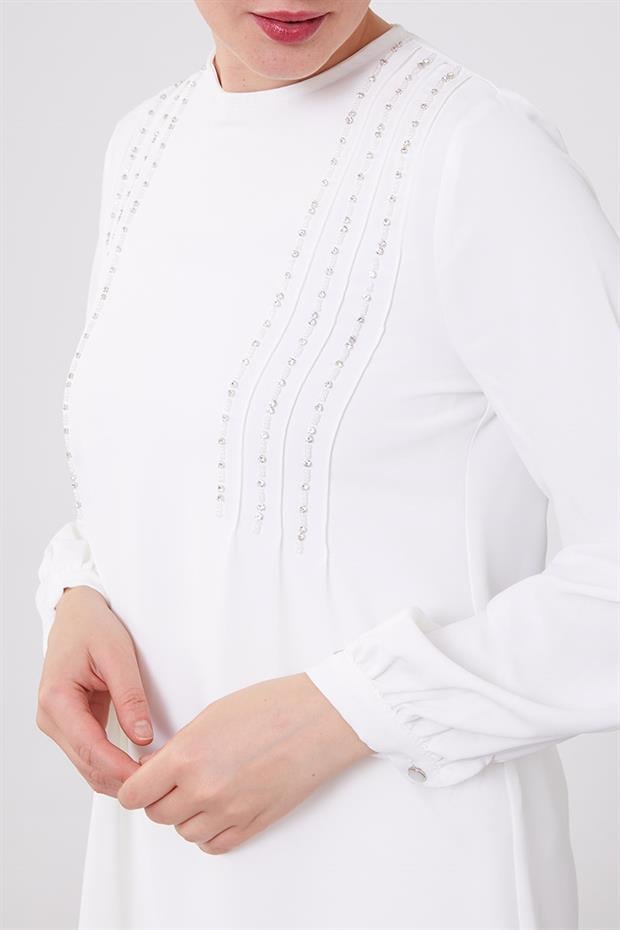 Ekru Boncuk İşlemeli Tunik Takım