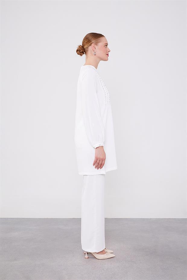 Ekru Boncuk İşlemeli Tunik Takım