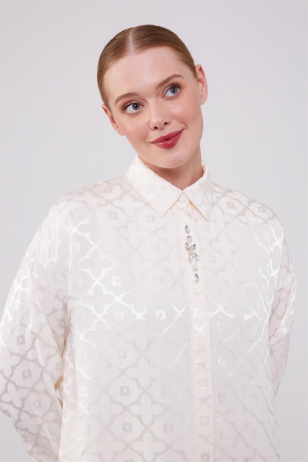 Ekru Çiçek Desen Jakarlı İkili Takım