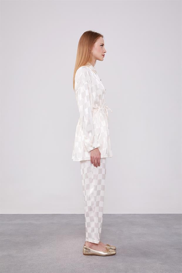 Ekru Dama Desen Jakalı İkili Takım