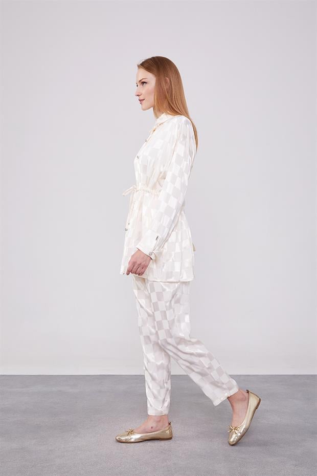 Ekru Dama Desen Jakalı İkili Takım