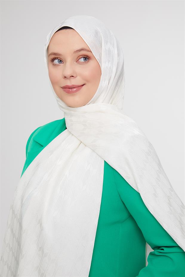 Ekru Geometrik Desen Jakarlı Janjan Şal