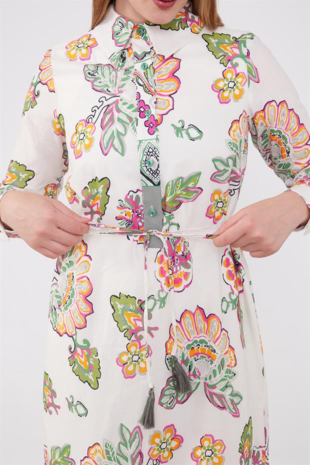 Ekru Gömlek Yaka Beli İp Detaylı Elbise