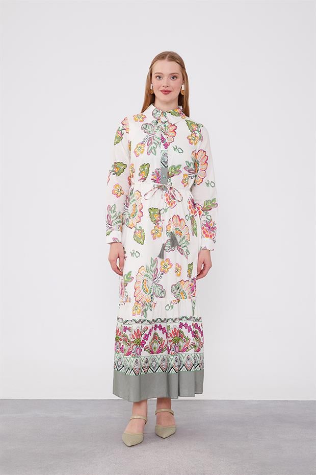 Ekru Gömlek Yaka Beli İp Detaylı Elbise