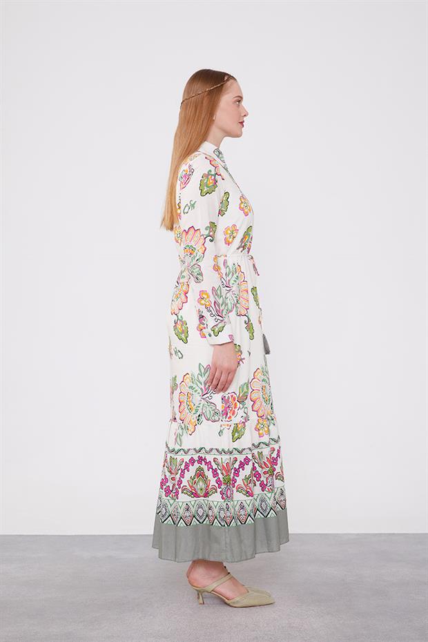 Ekru Gömlek Yaka Beli İp Detaylı Elbise