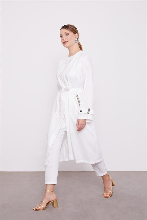 Ekru İşlemeli  Melanj Kimono Üçlü Takım