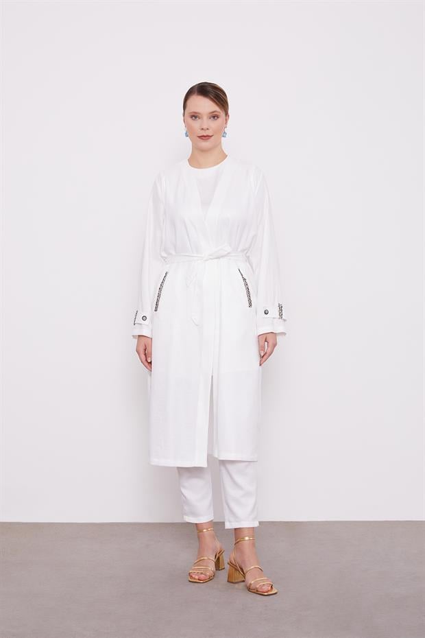 Ekru İşlemeli  Melanj Kimono Üçlü Takım