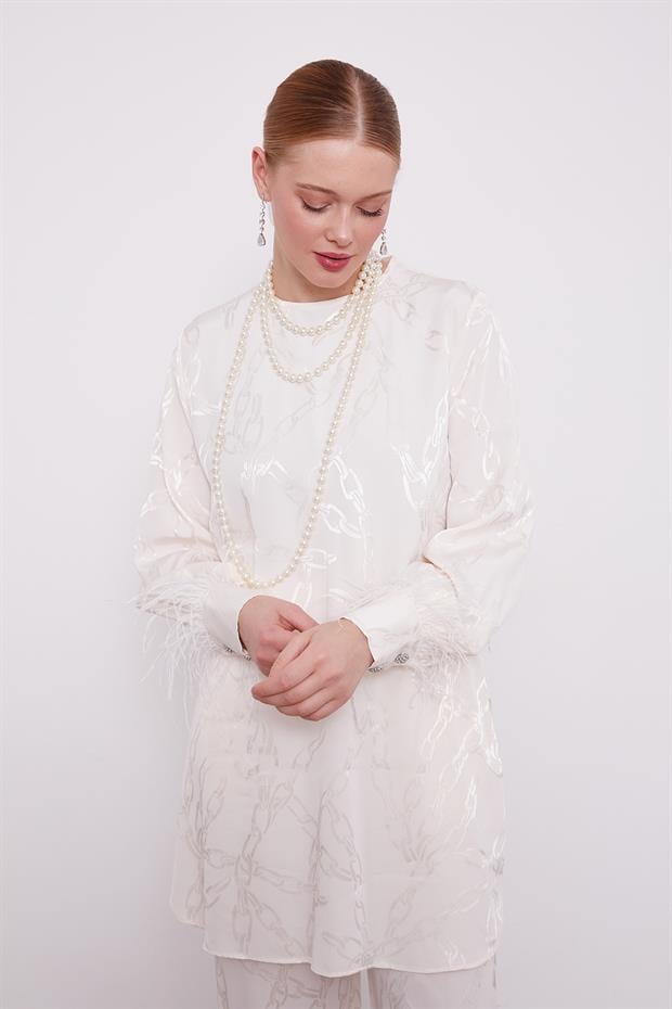 Ekru Jakarlı Zincir Desen İkili Takım