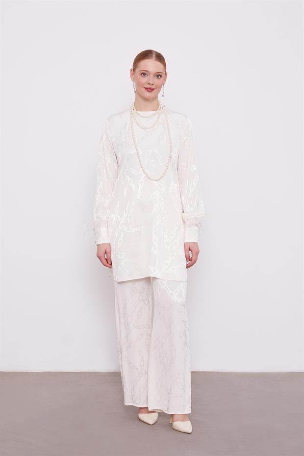 Ekru Jakarlı Zincir Desen İkili Takım