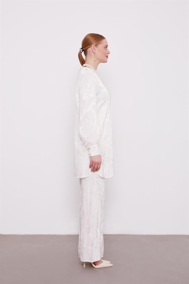 Ekru Jakarlı Zincir Desen İkili Takım