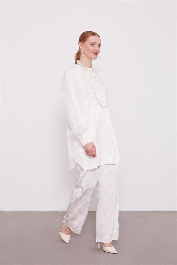 Ekru Jakarlı Zincir Desen İkili Takım