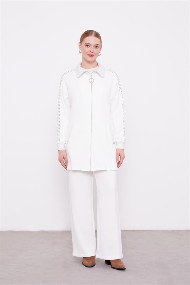 Ekru Kolları Taş İşlemeli Kaşmir İkili Takım