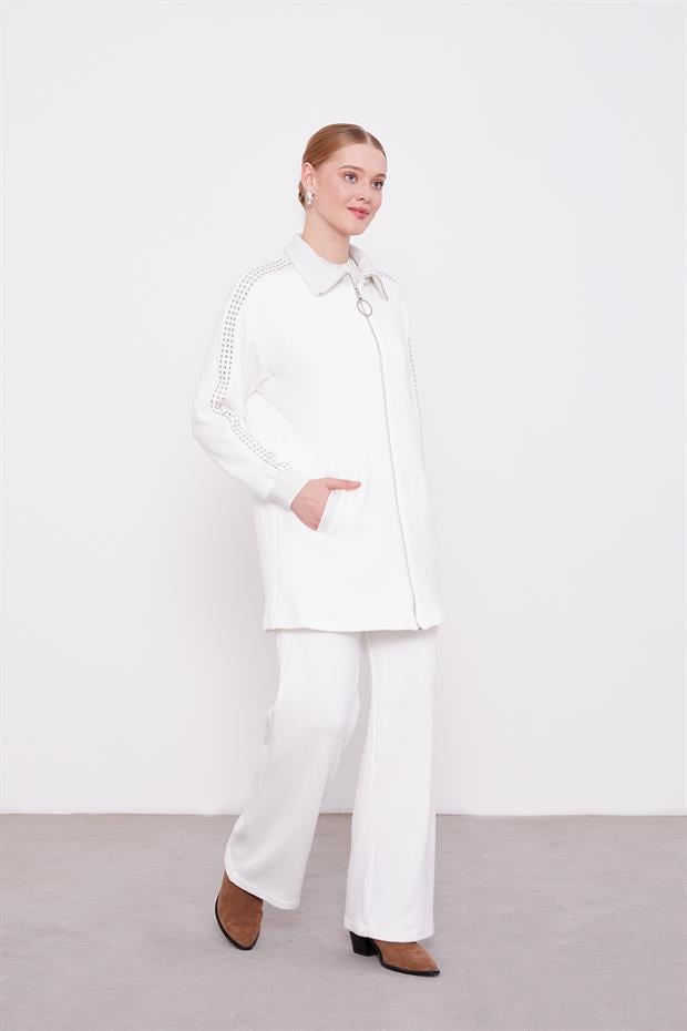 Ekru Kolları Taş İşlemeli Kaşmir İkili Takım