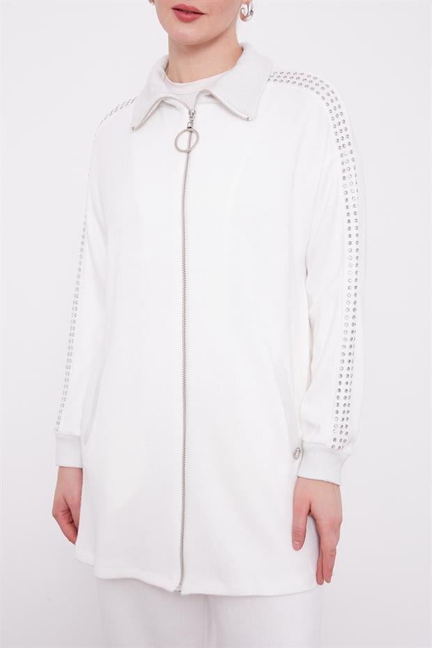 Ekru Kolları Taş İşlemeli Kaşmir İkili Takım