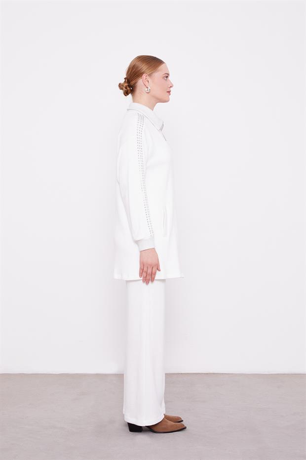 Ekru Kolları Taş İşlemeli Kaşmir İkili Takım