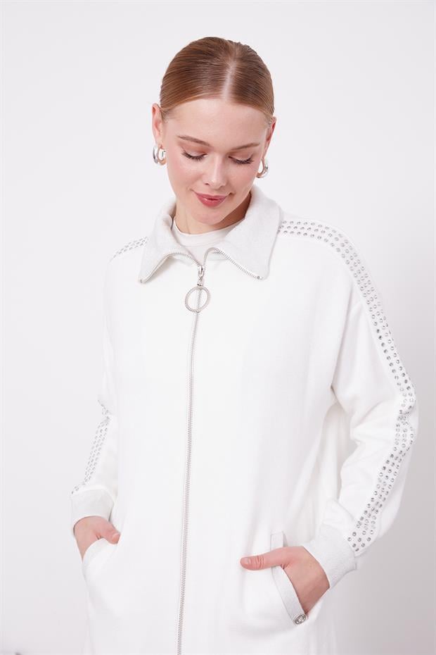 Ekru Kolları Taş İşlemeli Kaşmir İkili Takım