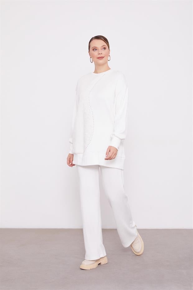 Ekru Peluş Detaylı Kaşmir İkili Takım