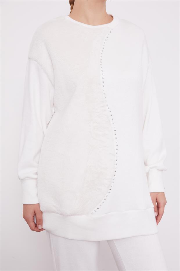 Ekru Peluş Detaylı Kaşmir İkili Takım