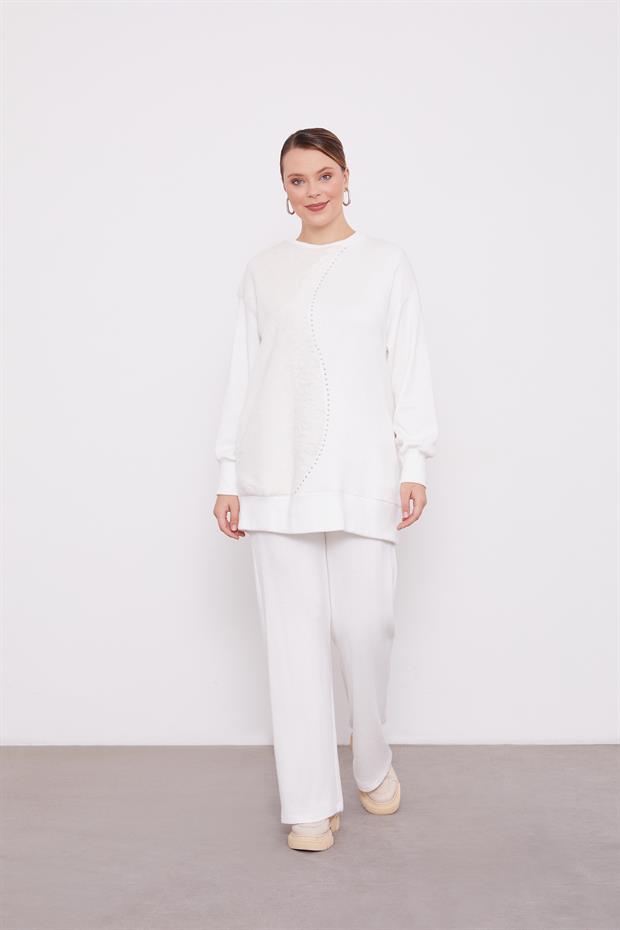 Ekru Peluş Detaylı Kaşmir İkili Takım