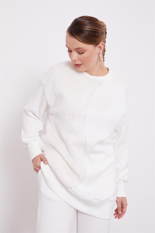 Ekru Peluş Detaylı Kaşmir İkili Takım