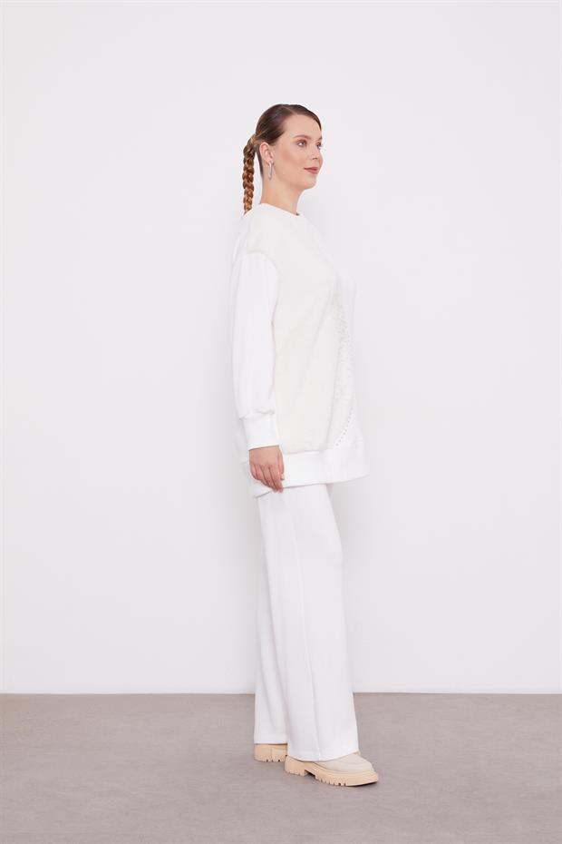 Ekru Peluş Detaylı Kaşmir İkili Takım