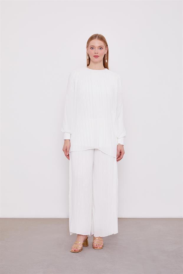 Ekru Piliseli Şifon İkili Takım